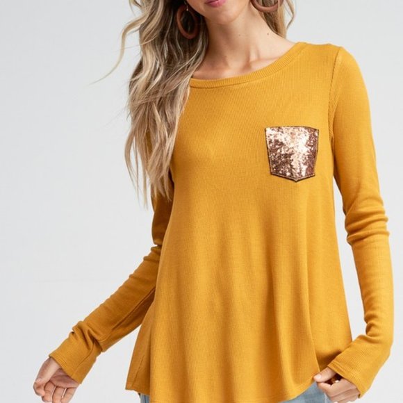 9. Mustard Thermal Top with Sequin Pocket and Buttons - Picture 5 of 5